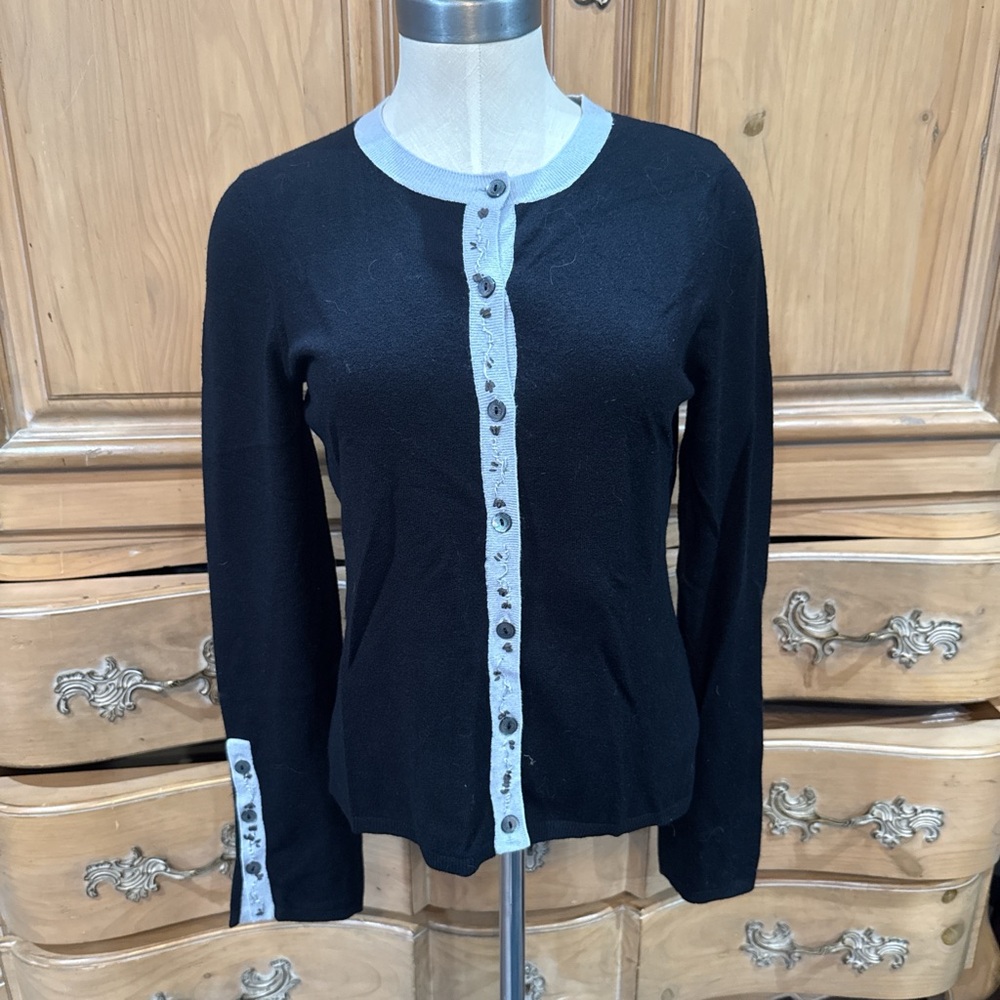Easel New York Black Cardigan with Baby Blue Floral Trim